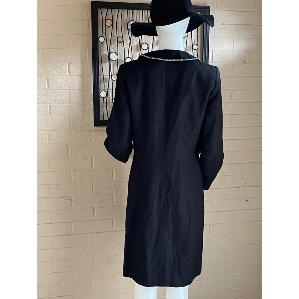 Larry Levine Linen Midi Coat Black White Stitching Trim Size 6 - Picture 3 of 10